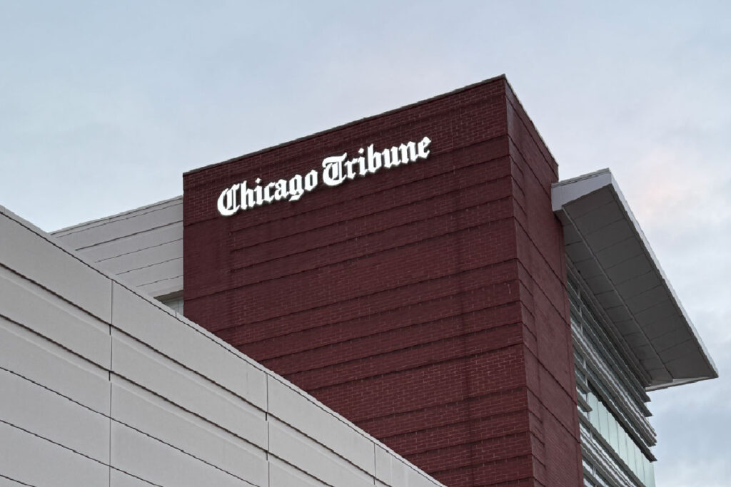 Channel letters for Chicago Tribune by SignFreaks, boosting newspaper building signage.