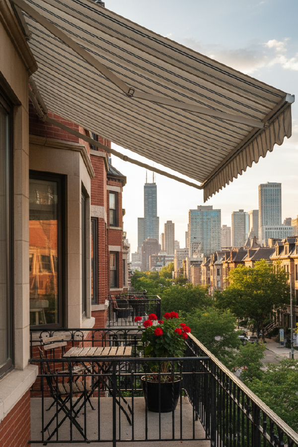 Residential retractable awning in Chicago by SignFreaks, providing outdoor shade.