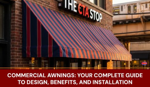 A stylish commercial storefront awning with business branding installed over a restaurant entrance.