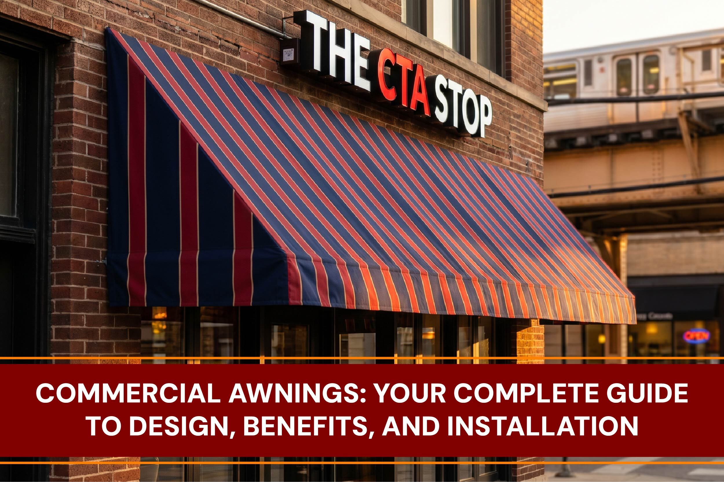 A stylish commercial storefront awning with business branding installed over a restaurant entrance.