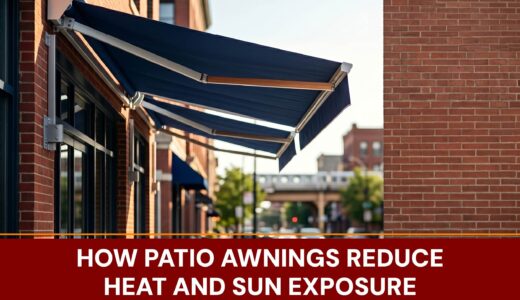 A modern patio awning shading an outdoor seating area from direct sunlight and reducing heat on a summer day.