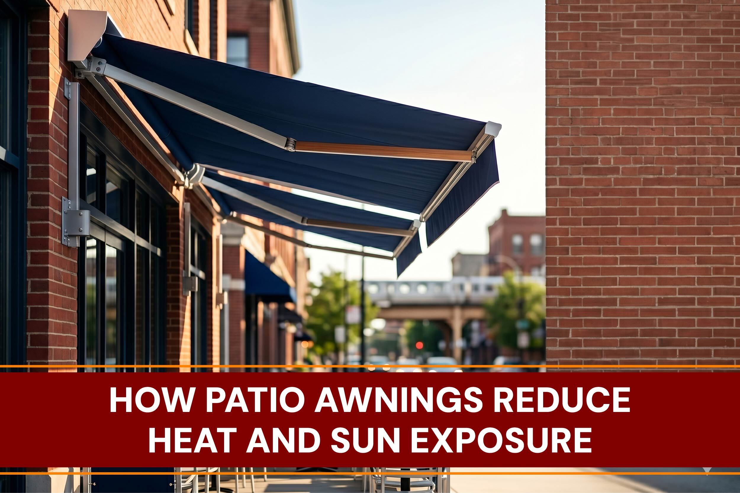 A modern patio awning shading an outdoor seating area from direct sunlight and reducing heat on a summer day.