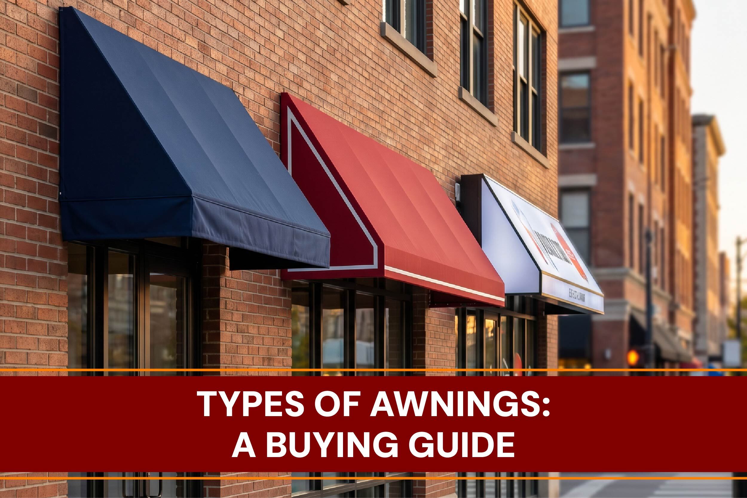 Modern patio awnings installed on a house exterior, showing different style options for shade.