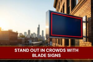 A modern round blade sign extending from a brick wall storefront, showcasing custom business branding.