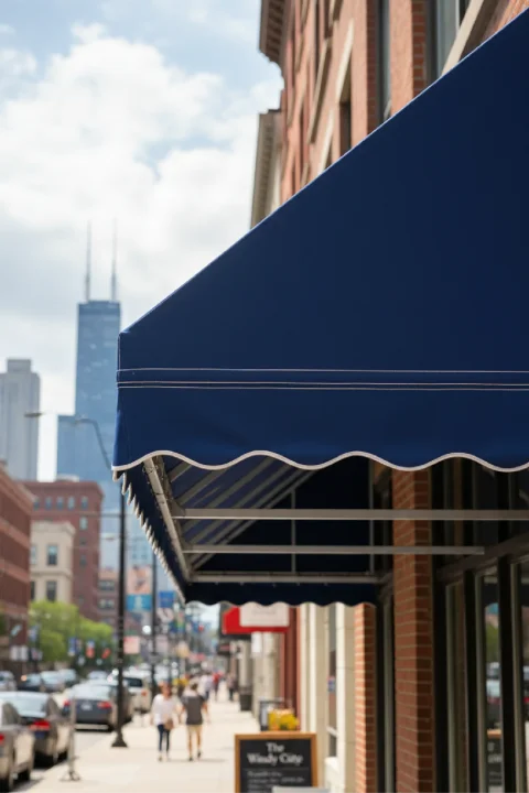 Custom patio awning Chicago by SignFreaks, enhancing outdoor seating areas.